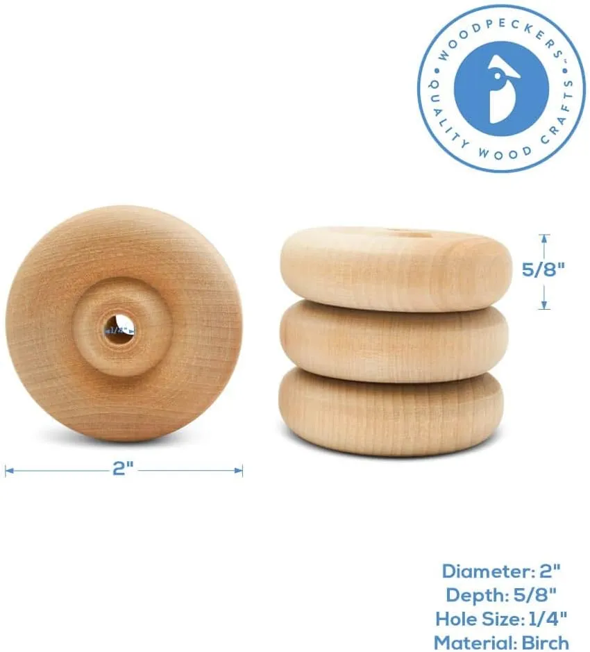 Woodpeckers- Classic Wooden Craft Toy Wheels 2" X 1/4" Axle Hole - 24 Pack