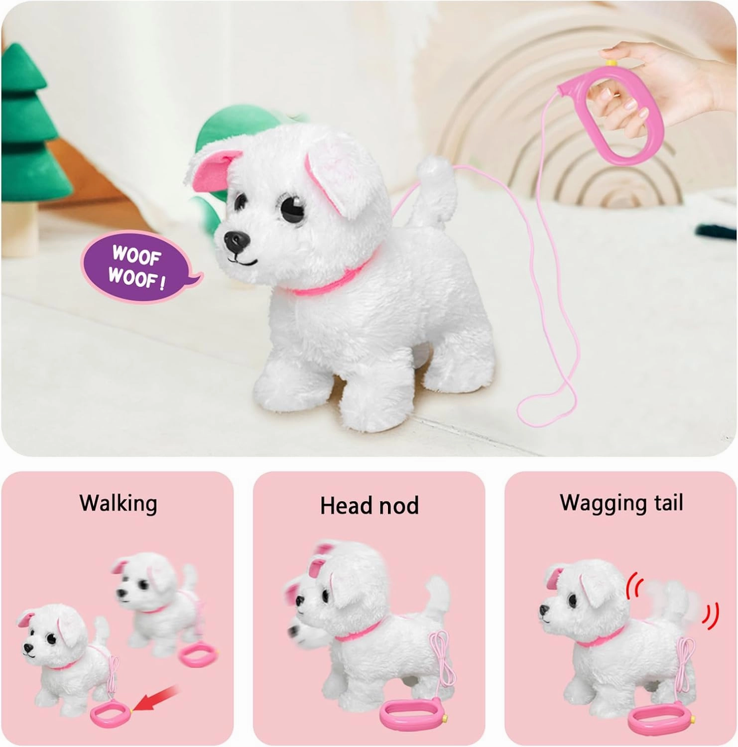 YH YUHUNG Walking and Barking Toy Dog with Remote Control Leash Puppy Electronic Pets Interactive Toys for Kids (White)