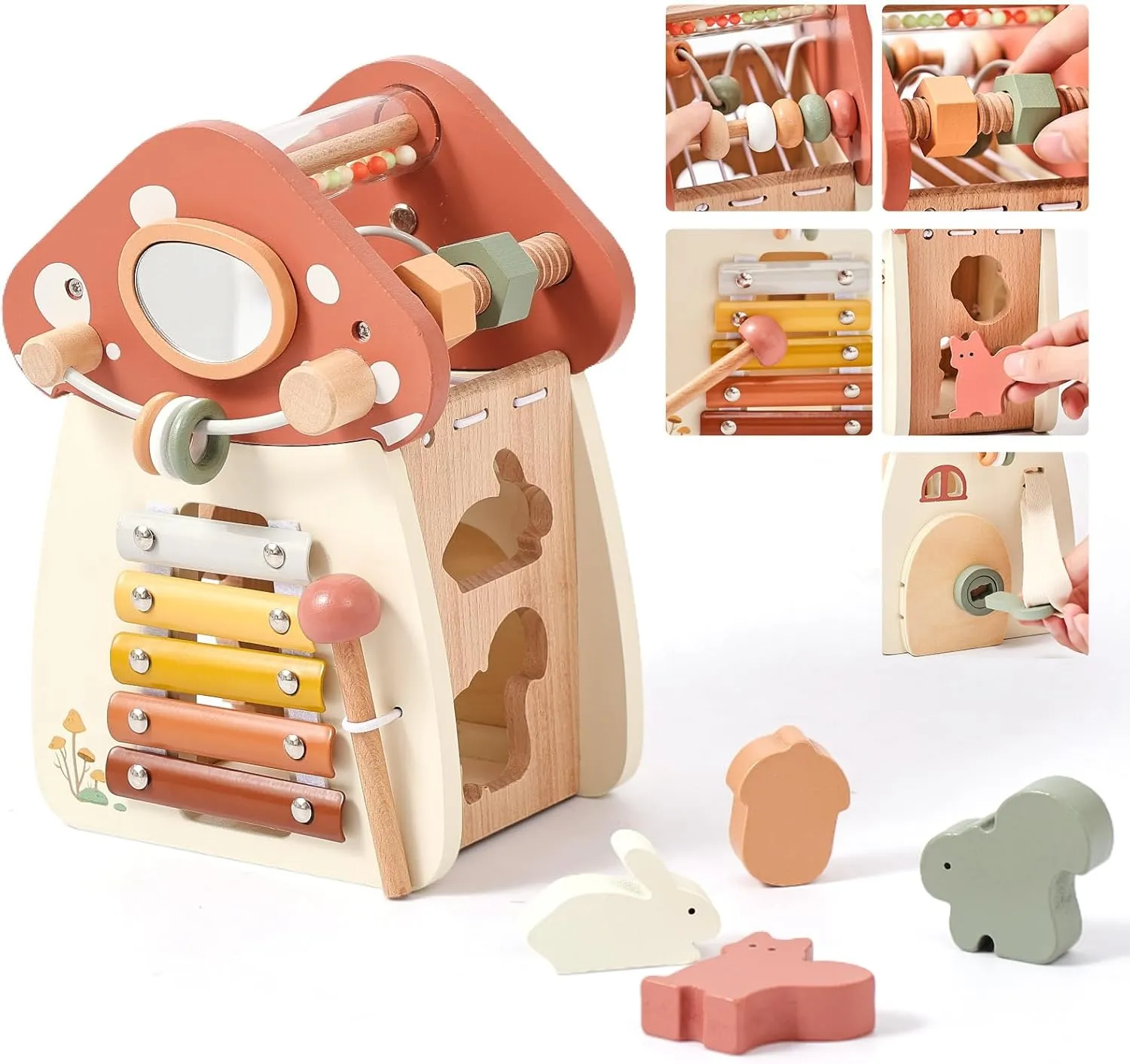 Youuys Wooden Activity Cube - 11-in-1 Montessori Toys for 1  Year Old Boys & Girls, Multipurpose Educational Sensory Toys for Toddler, First Birthday Gift, Busy Board Toys for 18 Months (Mushroom)