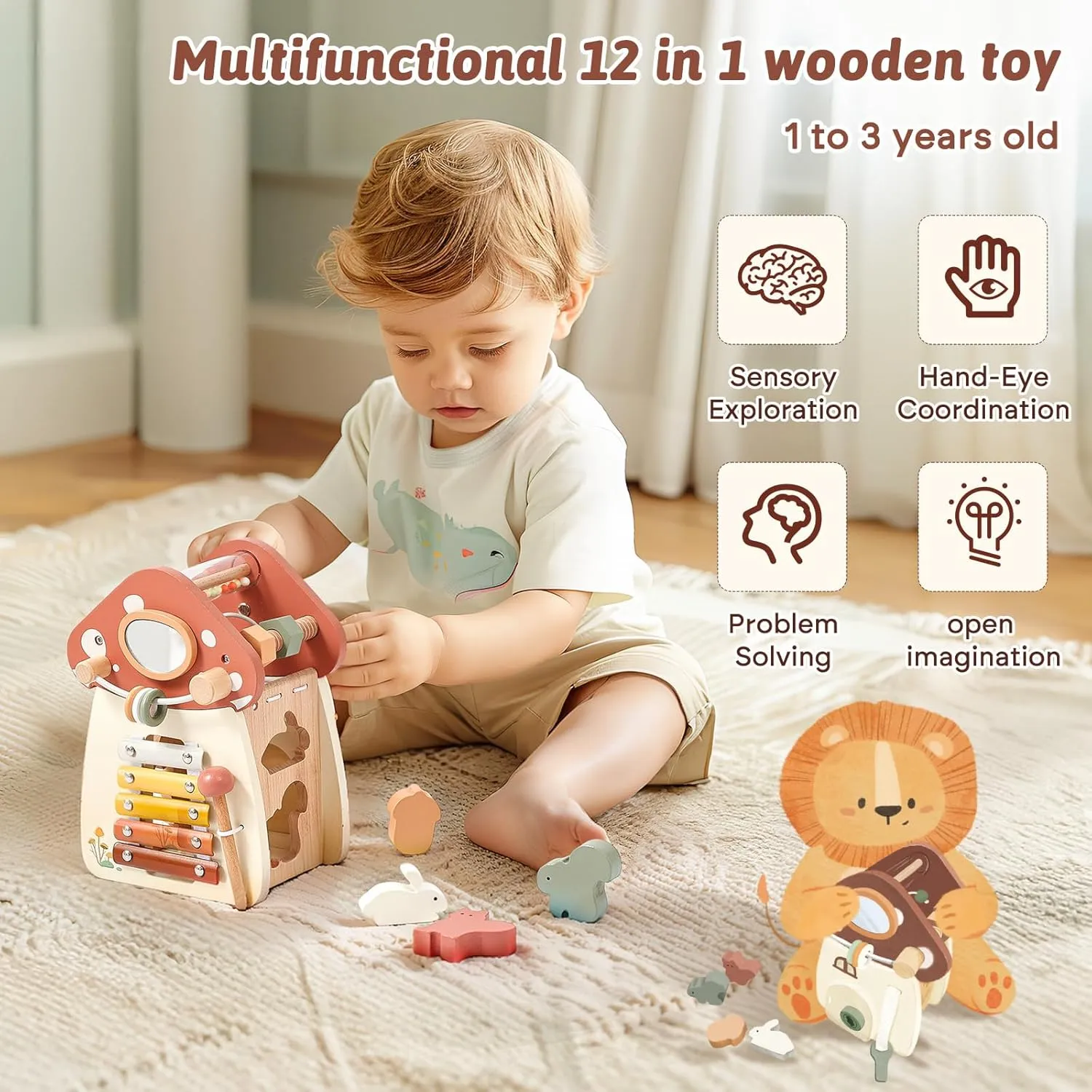 Youuys Wooden Activity Cube - 11-in-1 Montessori Toys for 1  Year Old Boys & Girls, Multipurpose Educational Sensory Toys for Toddler, First Birthday Gift, Busy Board Toys for 18 Months (Mushroom)