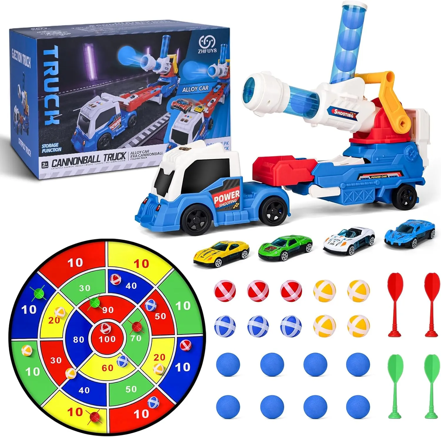 ZHFUYS 28" Truck Toys for Kids, Large Toys Car Include 8 Soft Foam Balls 4 Racing Cars,8 Sticky Balls 4 Darts, Eejection&Shooting Transport Car Toy, Great Gift for 3  Years Old Boys and Girls