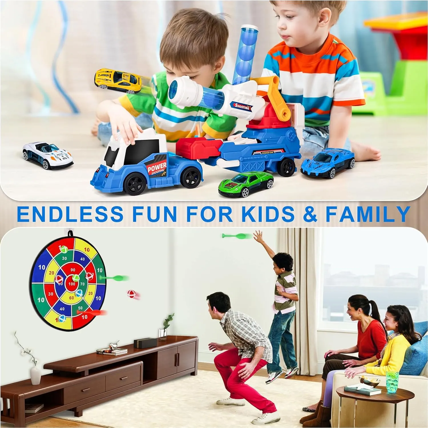 ZHFUYS 28" Truck Toys for Kids, Large Toys Car Include 8 Soft Foam Balls 4 Racing Cars,8 Sticky Balls 4 Darts, Eejection&Shooting Transport Car Toy, Great Gift for 3  Years Old Boys and Girls