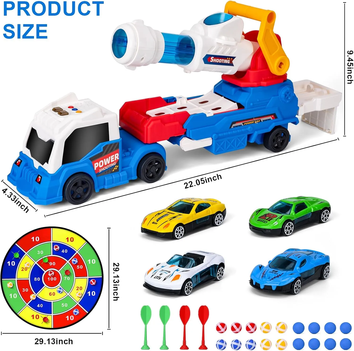 ZHFUYS 28" Truck Toys for Kids, Large Toys Car Include 8 Soft Foam Balls 4 Racing Cars,8 Sticky Balls 4 Darts, Eejection&Shooting Transport Car Toy, Great Gift for 3  Years Old Boys and Girls